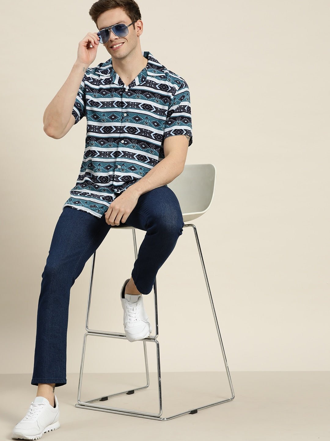Men Blue-Navy Prints Viscose Rayon Relaxed Fit Casual Resort Shirt - #folk republic#