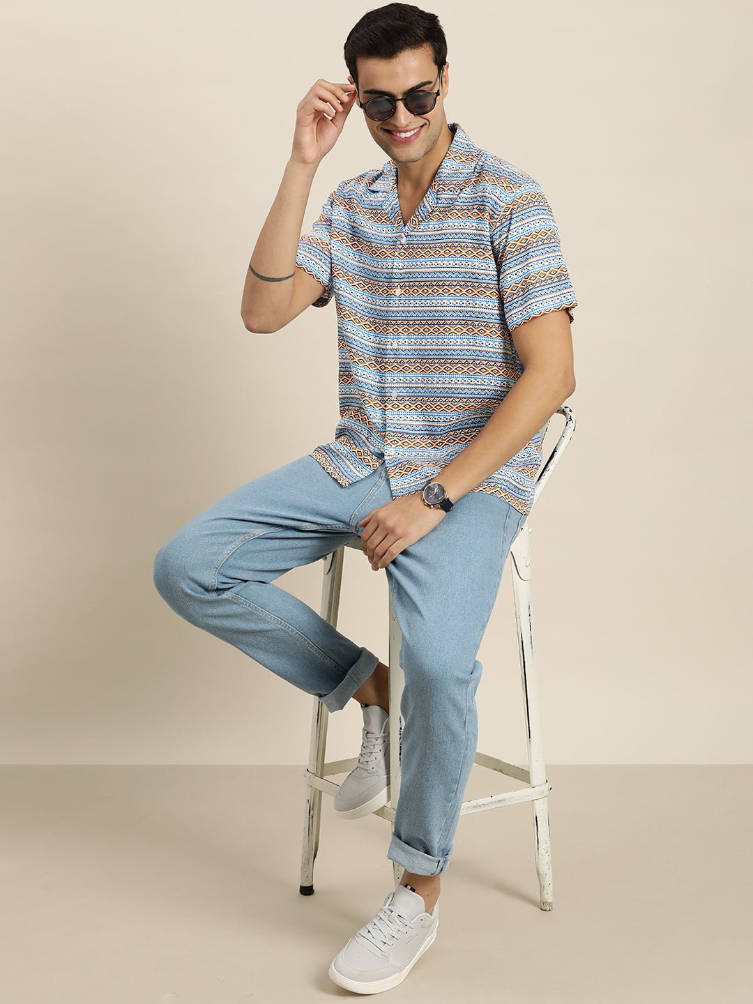Men Blue & Orange Print Viscose Rayon Relaxed Fit Casual Resort Shirt - #folk republic#
