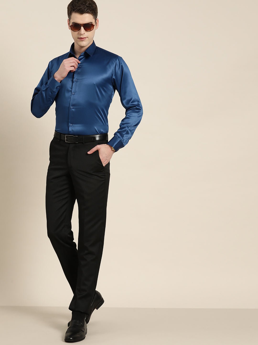 Men Blue Solid Satin Tuxedo Slim fit Party Shirt - #folk republic#