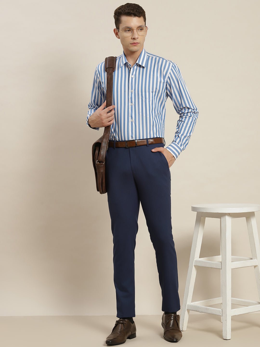 Men Blue & White Striped Pure Cotton Slim Fit Formal Shirt - #folk republic#