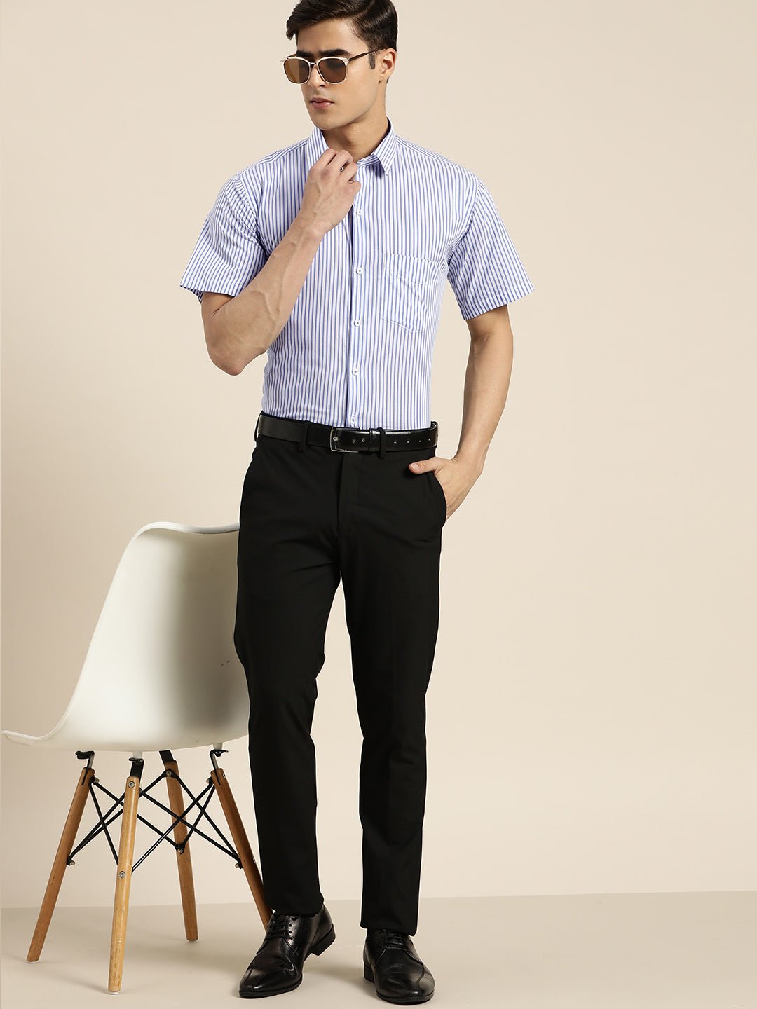 Men Blue & White Stripes Pure Cotton Slim fit Formal Shirt - #folk republic#