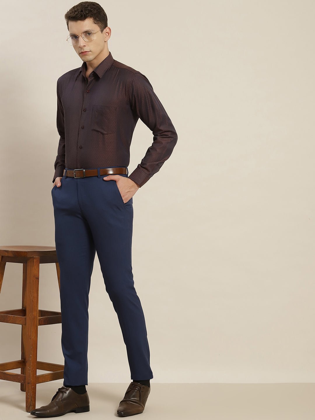 Men Burgundy Checked Cotton Rich Slim Fit Formal Shirt - #folk republic#