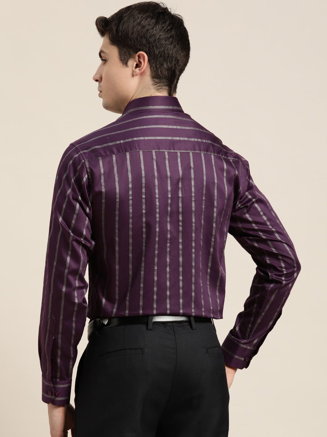 Men Burgundy Stripes Pure Cotton Slim fit Party Shirt - #folk republic#