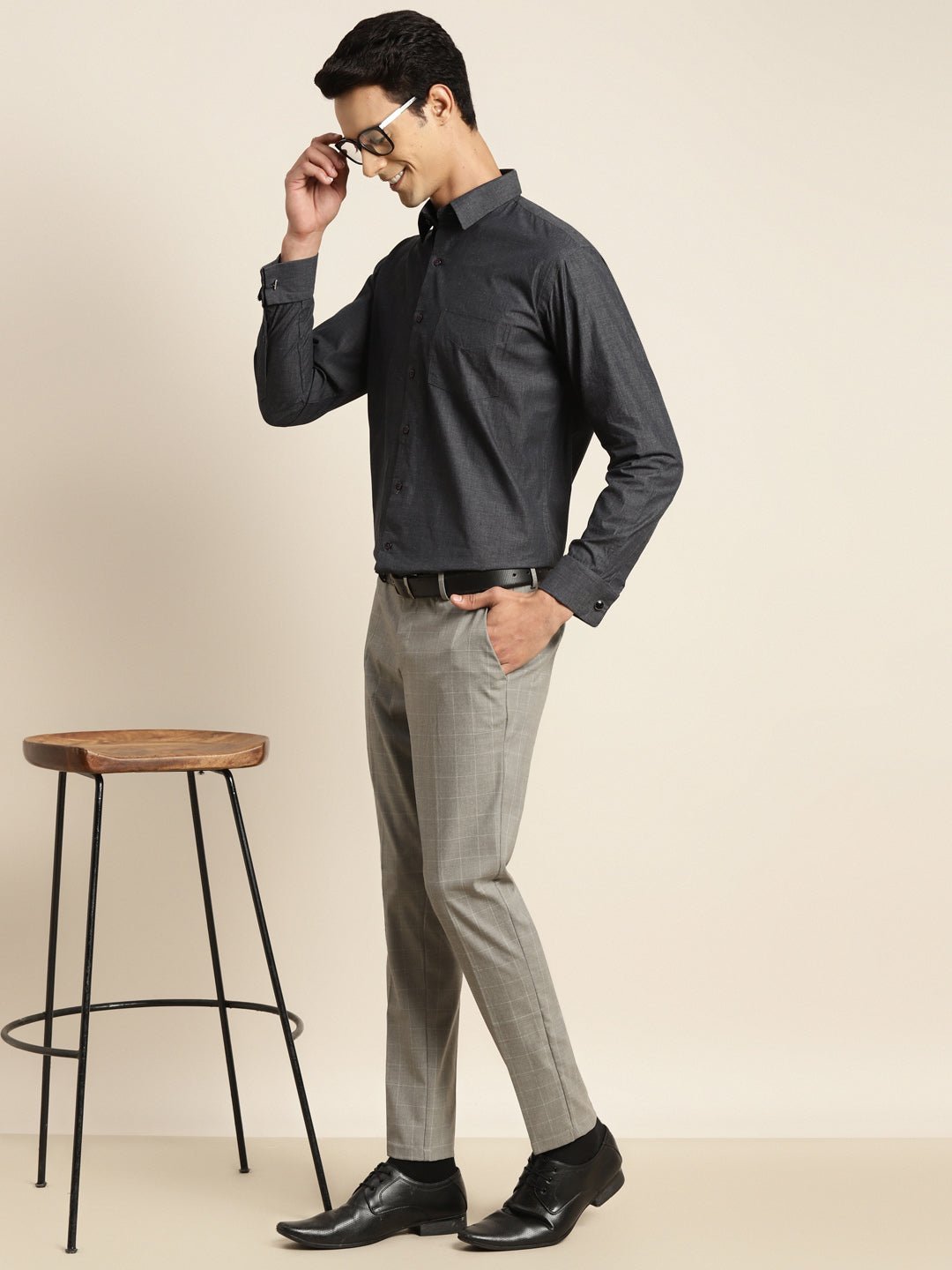 Men Charcoal Grey Chambray Pure Cotton French Cuff Regular Fit Formal Shirt - #folk republic#