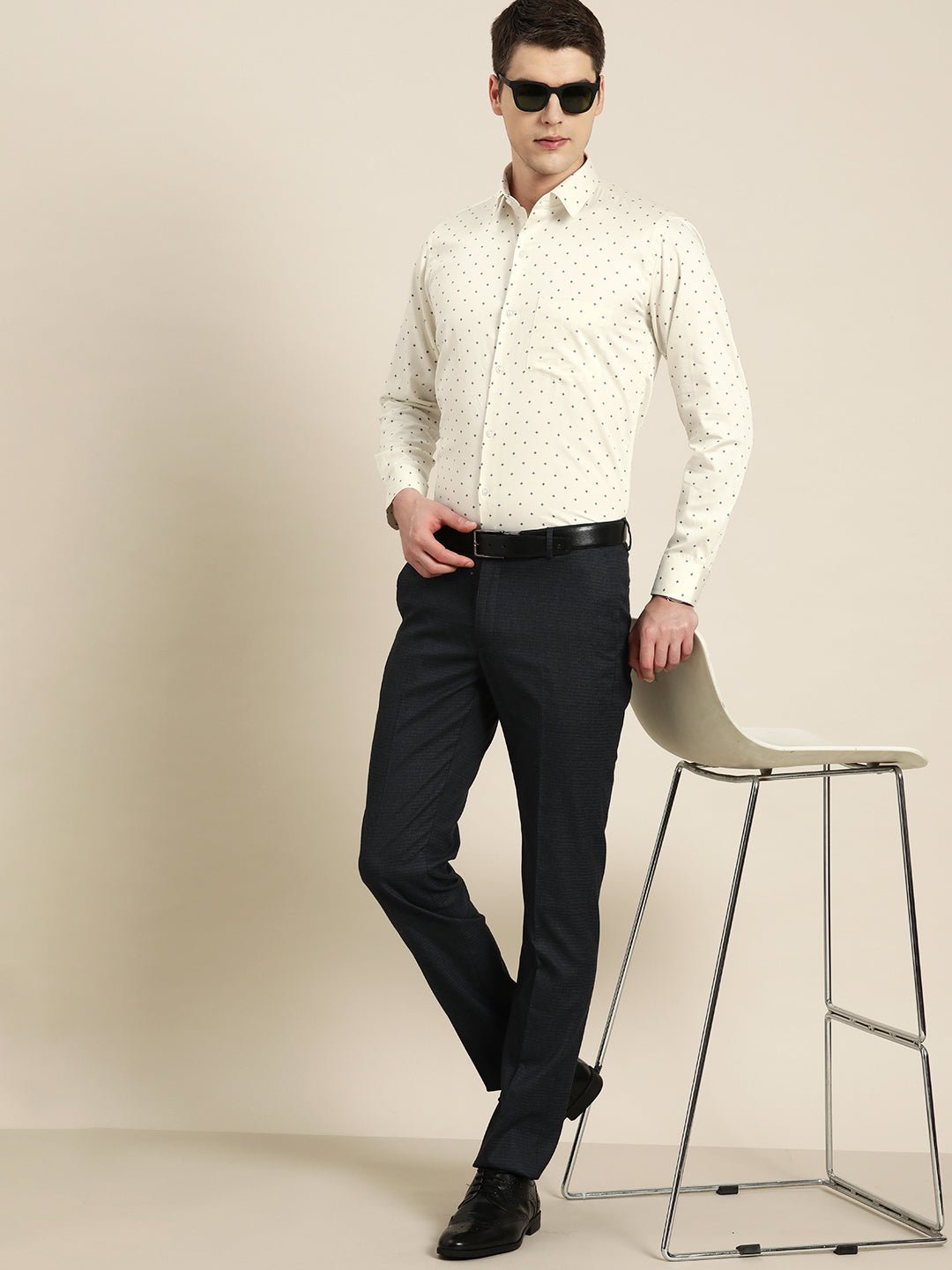 Men Cream Print Pure Cotton Slim fit Party Shirt - #folk republic#
