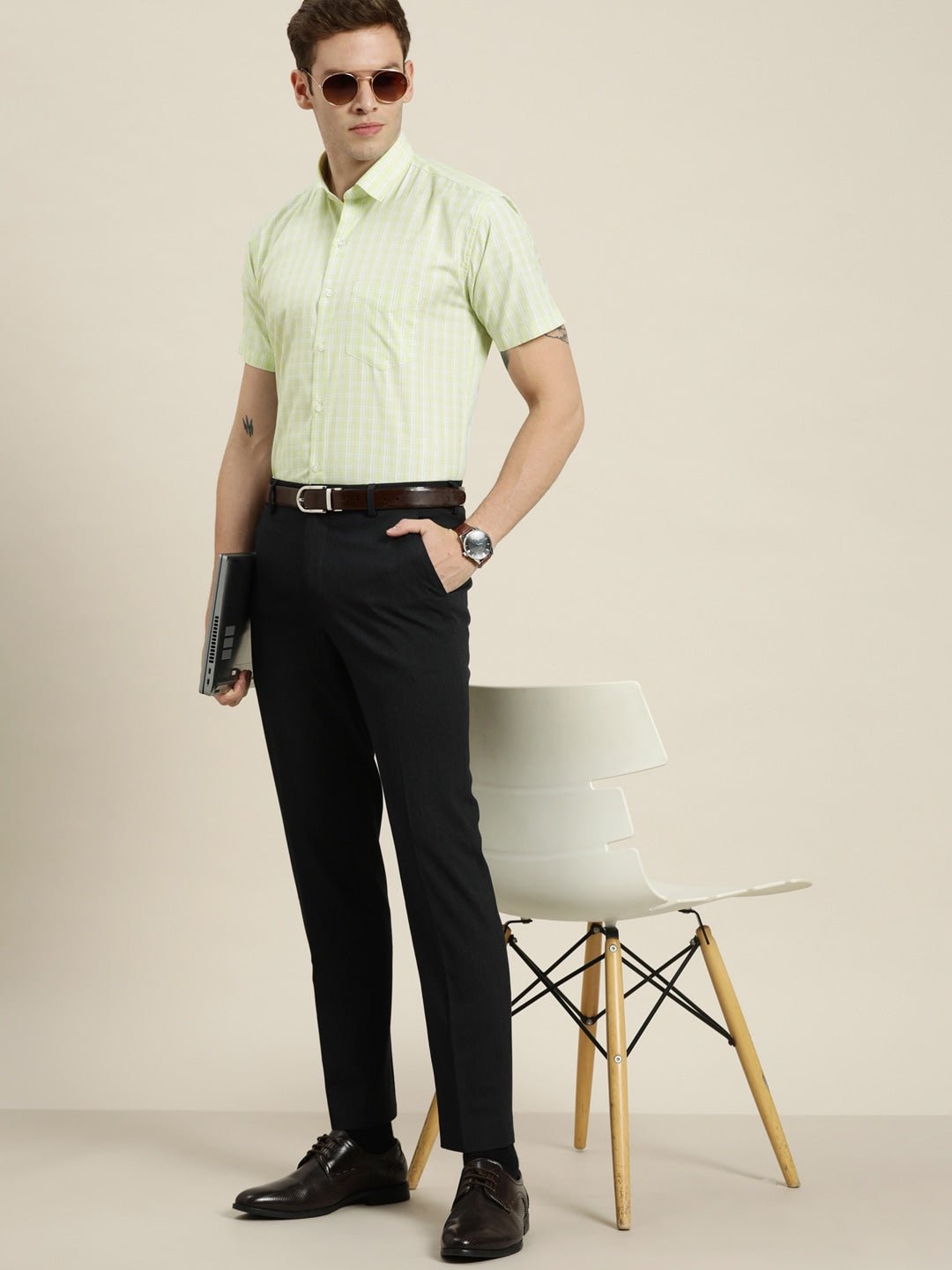Men Green Checks Cotton Rich Slim Fit Formal Shirt - #folk republic#