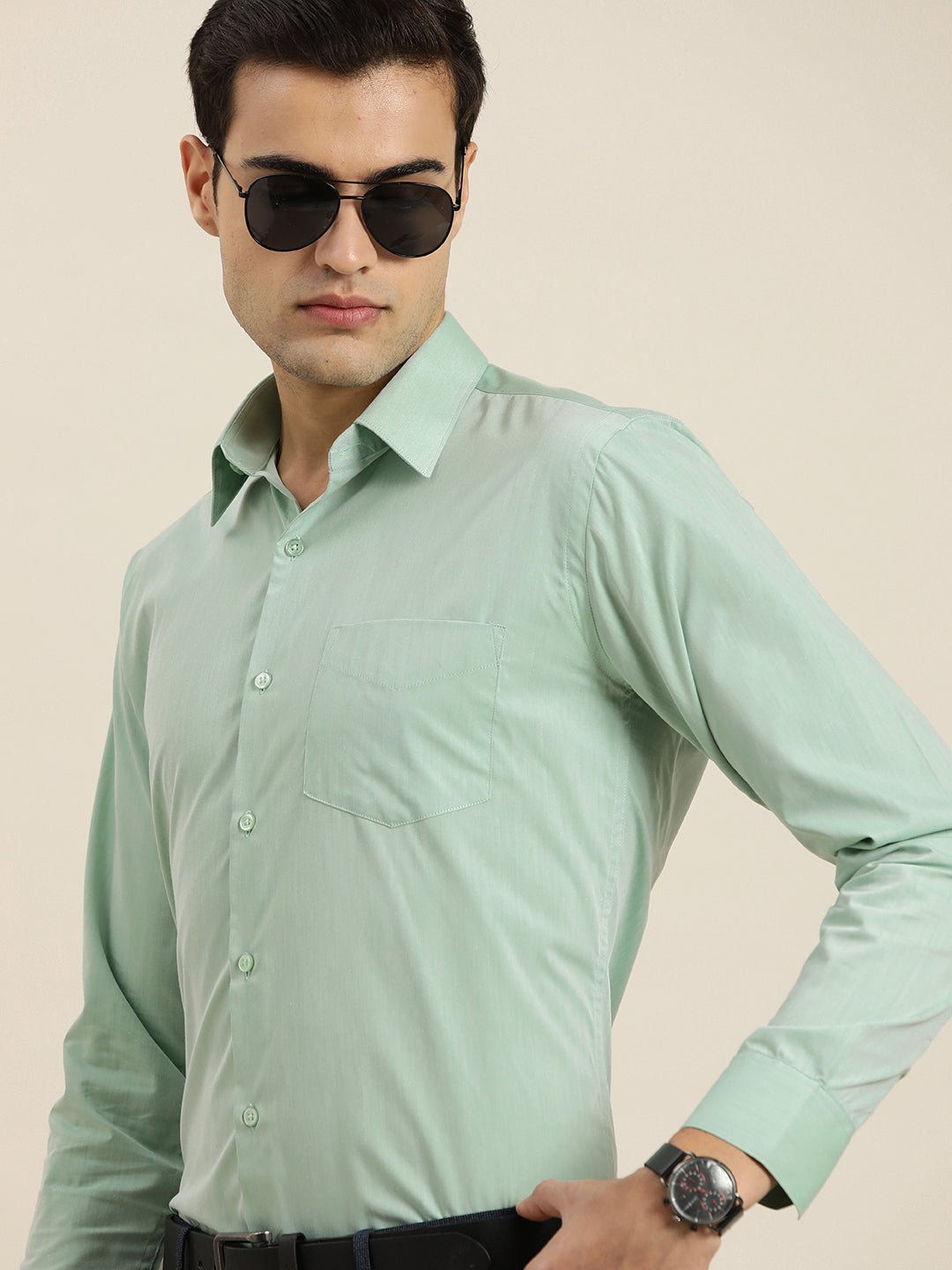 Men Green Solid Cotton Rich Slim fit Formal Shirt - #folk republic#