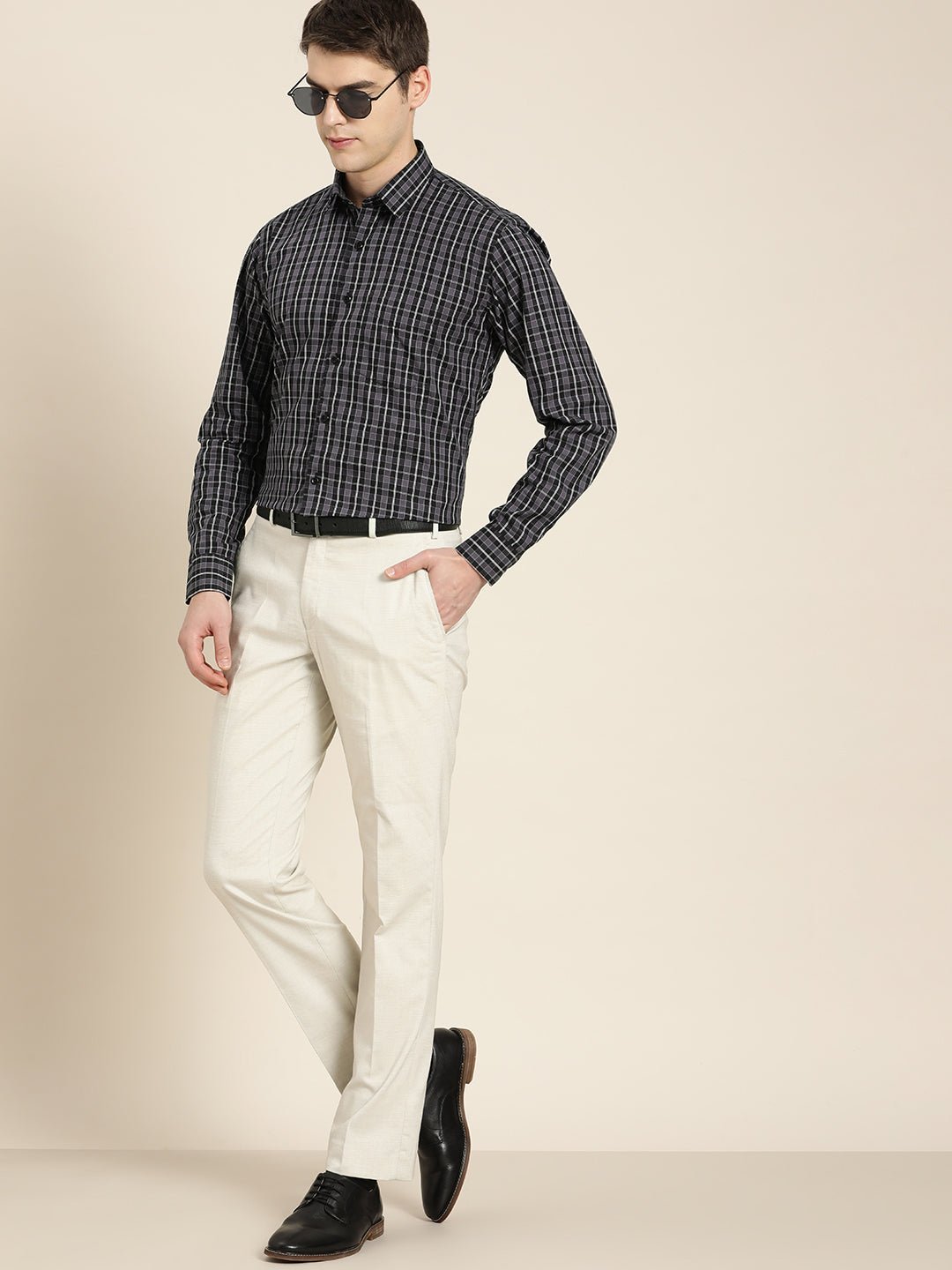 Men Grey & Black Checks Pure Cotton Slim fit Formal Shirt - #folk republic#