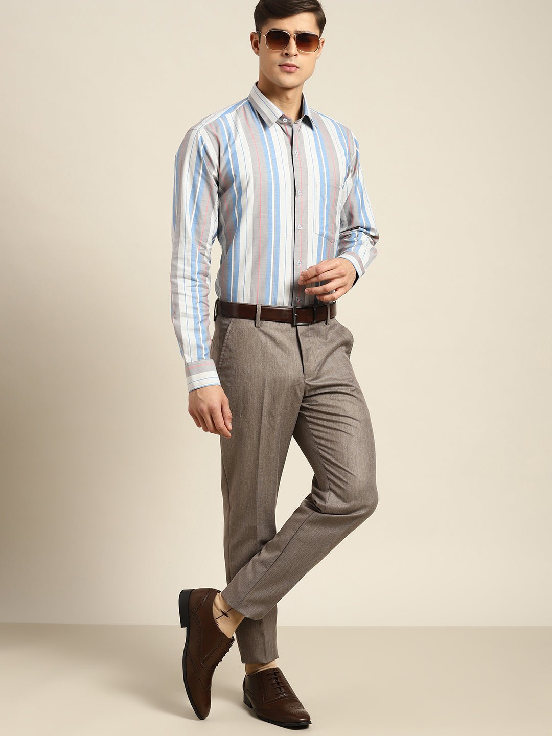 Men Grey & Blue Stripes Pure Cotton Regular Fit Formal Shirt - #folk republic#