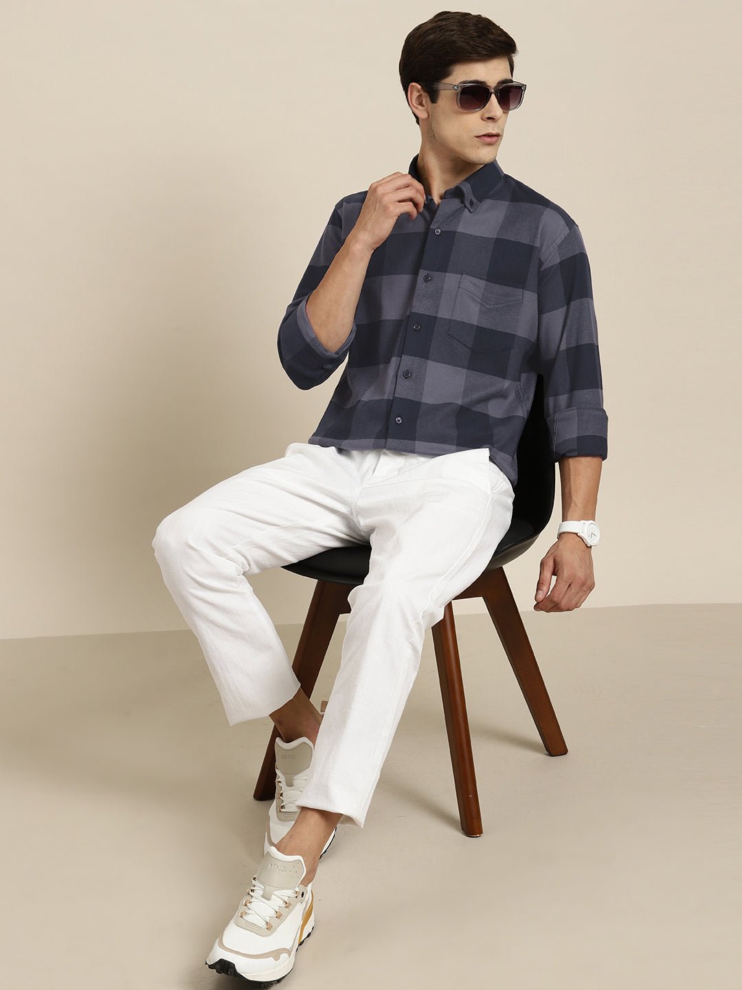 Men Grey & Navy Checks Pure Cotton Slim fit Casual Shirt - #folk republic#