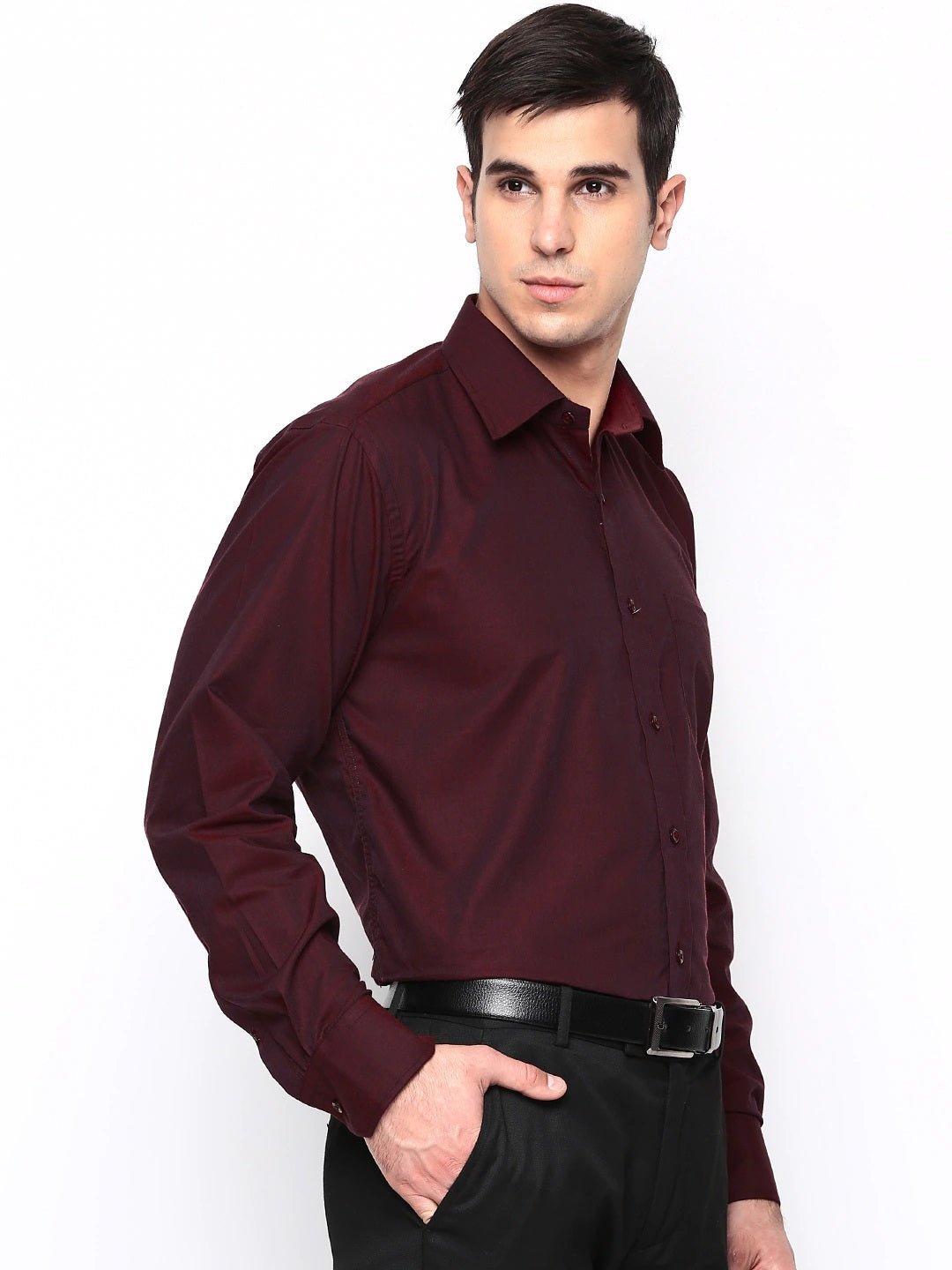 Men Maroon Solids Pure Cotton Regular Fit Formal Shirt - #folk republic#