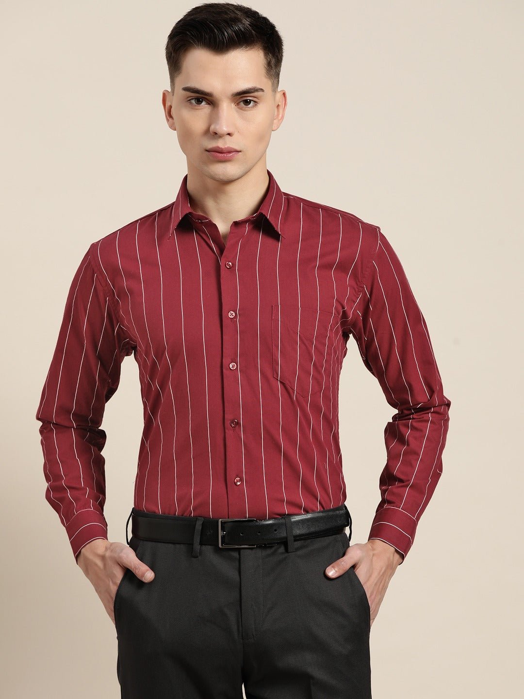 Men Maroon Stripes Pure Cotton Slim Fit Formal Shirt - #folk republic#