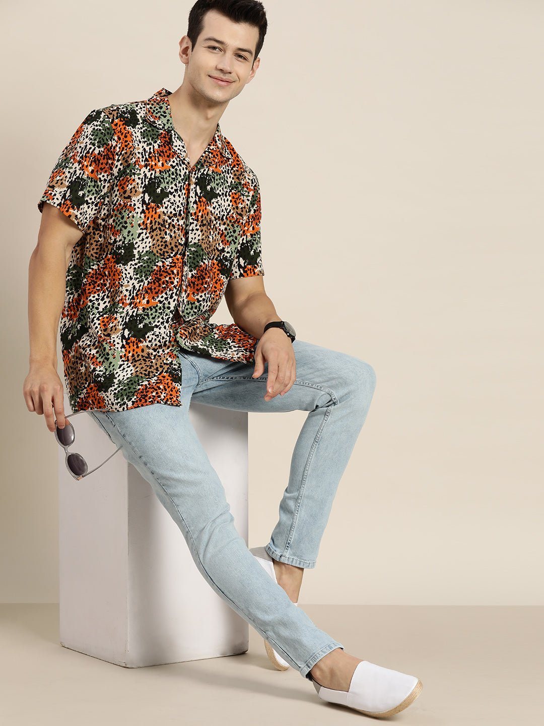 Men Mustard & Green Prints Viscose Rayon Relaxed Fit Casual Resort shirt - #folk republic#