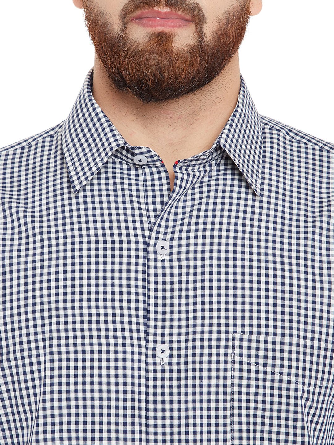 Men Navy Blue Checks Slim Fit Pure Cotton Formal Shirt - #folk republic#