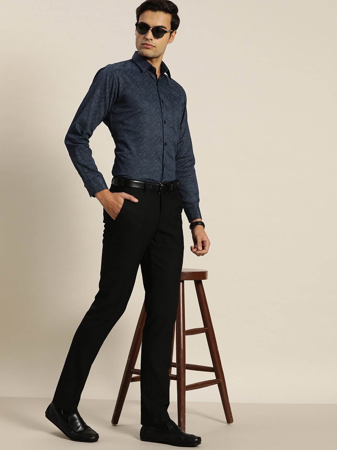 Men Navy & Blue Print Pure Cotton Slim fit Party Shirt - #folk republic#
