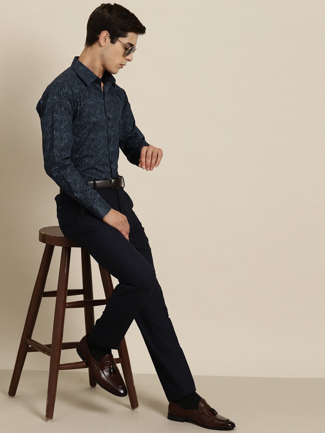 Men Navy Print Pure Cotton Slim fit Party Shirt - #folk republic#