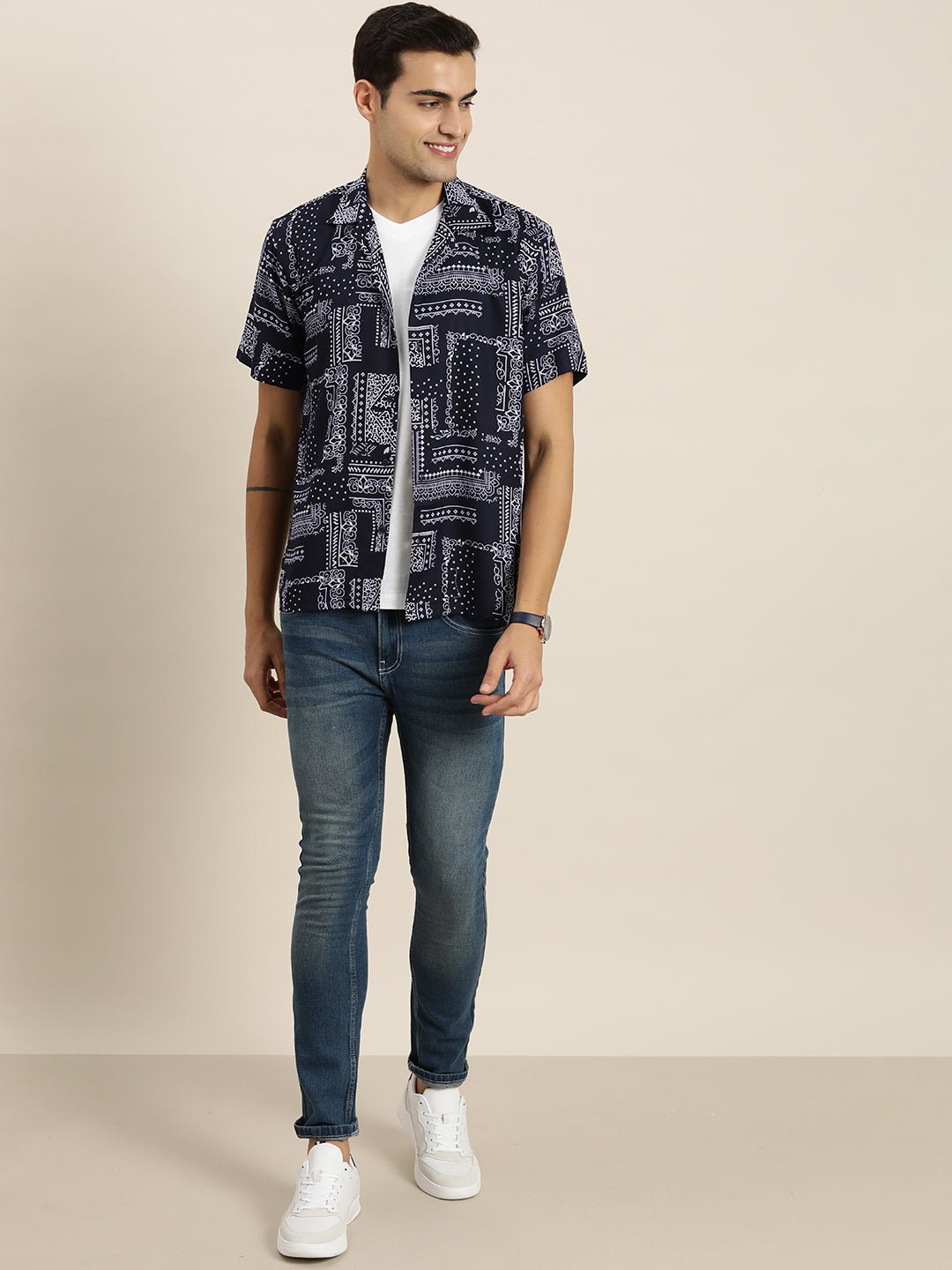 Men Navy Print Viscose Rayon Relaxed Fit Casual Resort Shirt - #folk republic#