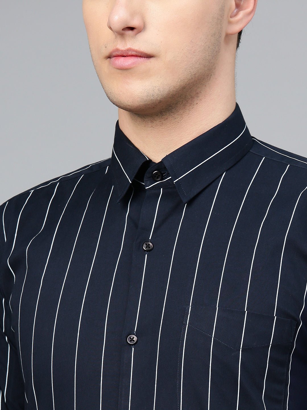 Men Navy Pure Cotton Striped Slim Fit Formal Shirt - #folk republic#