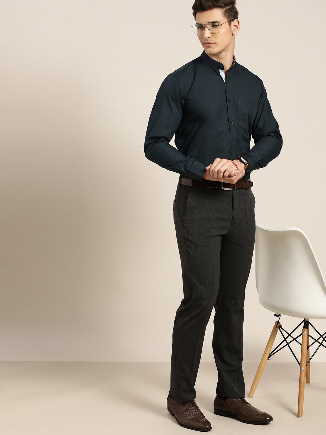 Men Navy Solid Pure Cotton Slim Fit Formal Shirt - #folk republic#