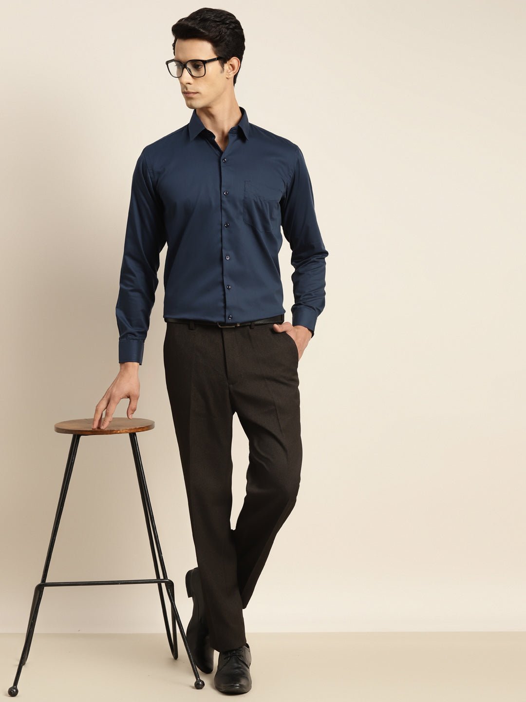 Men Navy Solid Pure Cotton Slim Fit Formal Shirt - #folk republic#