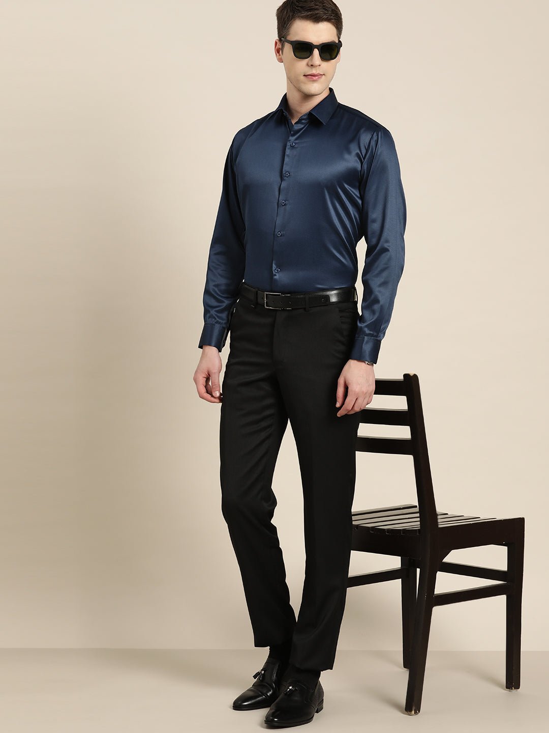Men Navy Solid Satin Tuxedo Slim fit Party Shirt - #folk republic#