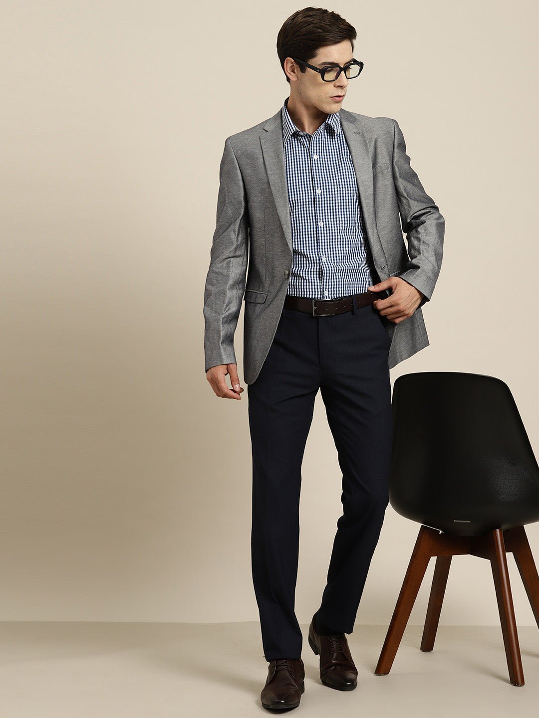 Men Navy & White Gingham Check Short Sleeve Slim fit Formal Shirt - #folk republic#