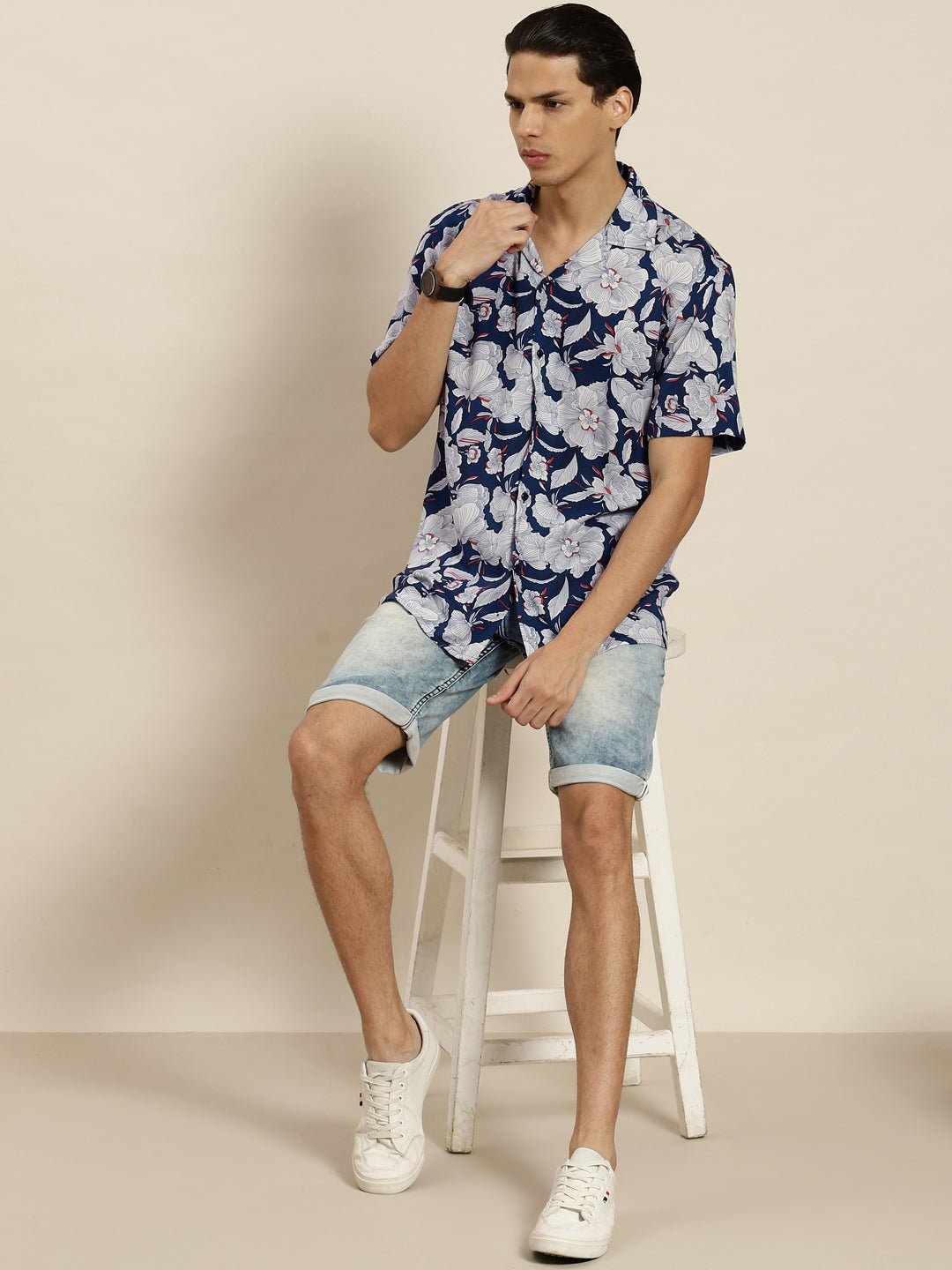 Men Navy & White Printed Viscose Rayon Regular Fit Casual Shirt - #folk republic#