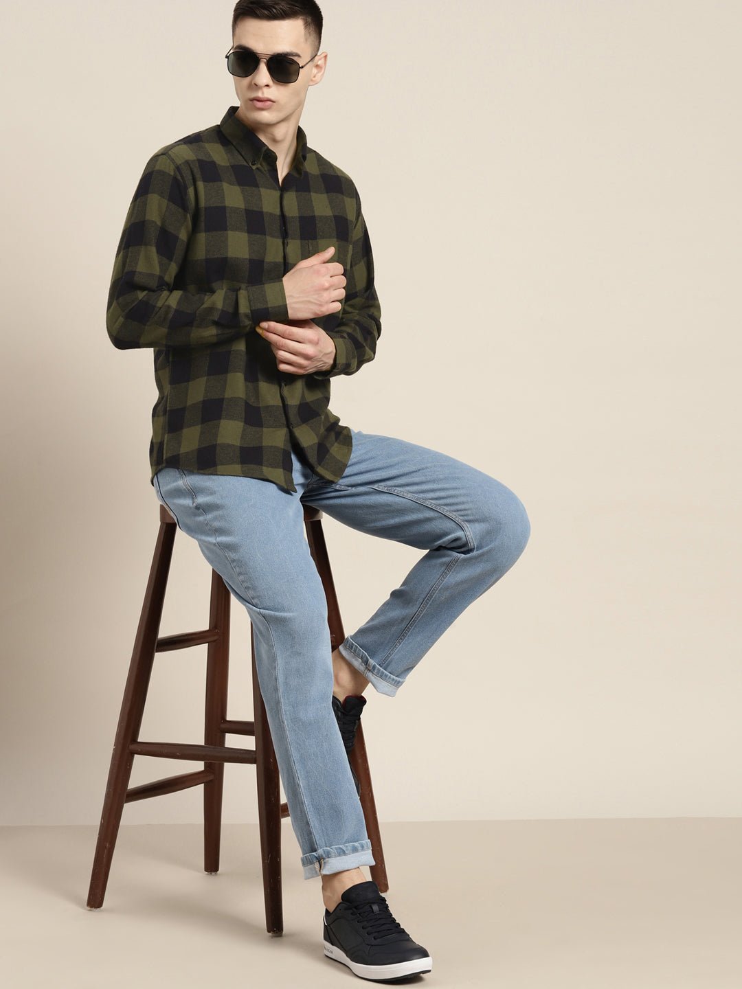 Men Olive & Black Checks Pure Cotton Slim fit Casual Shirt - #folk republic#