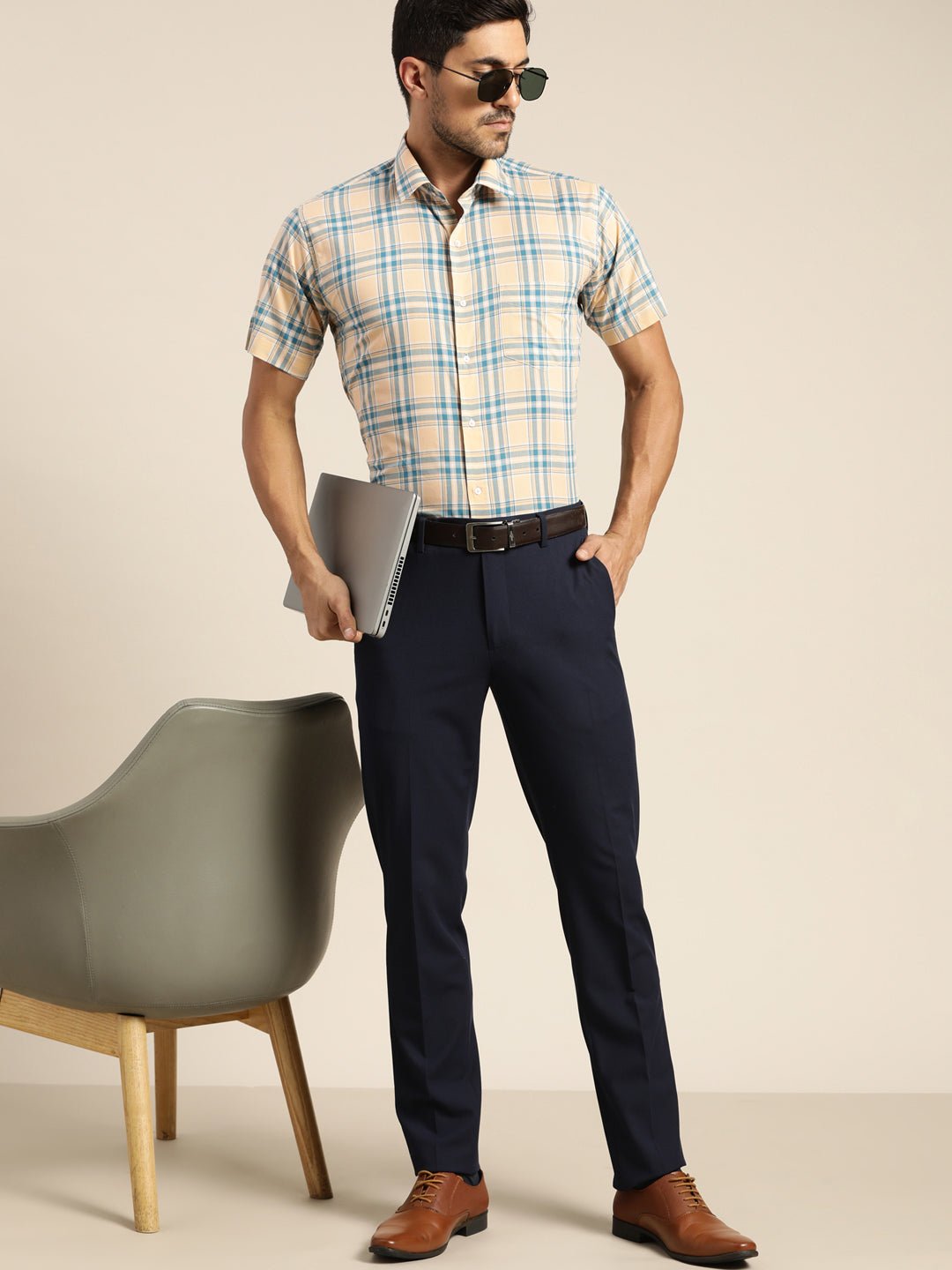 Men Peach & Blue Checked Pure Cotton Slim Fit Formal Shirt - #folk republic#
