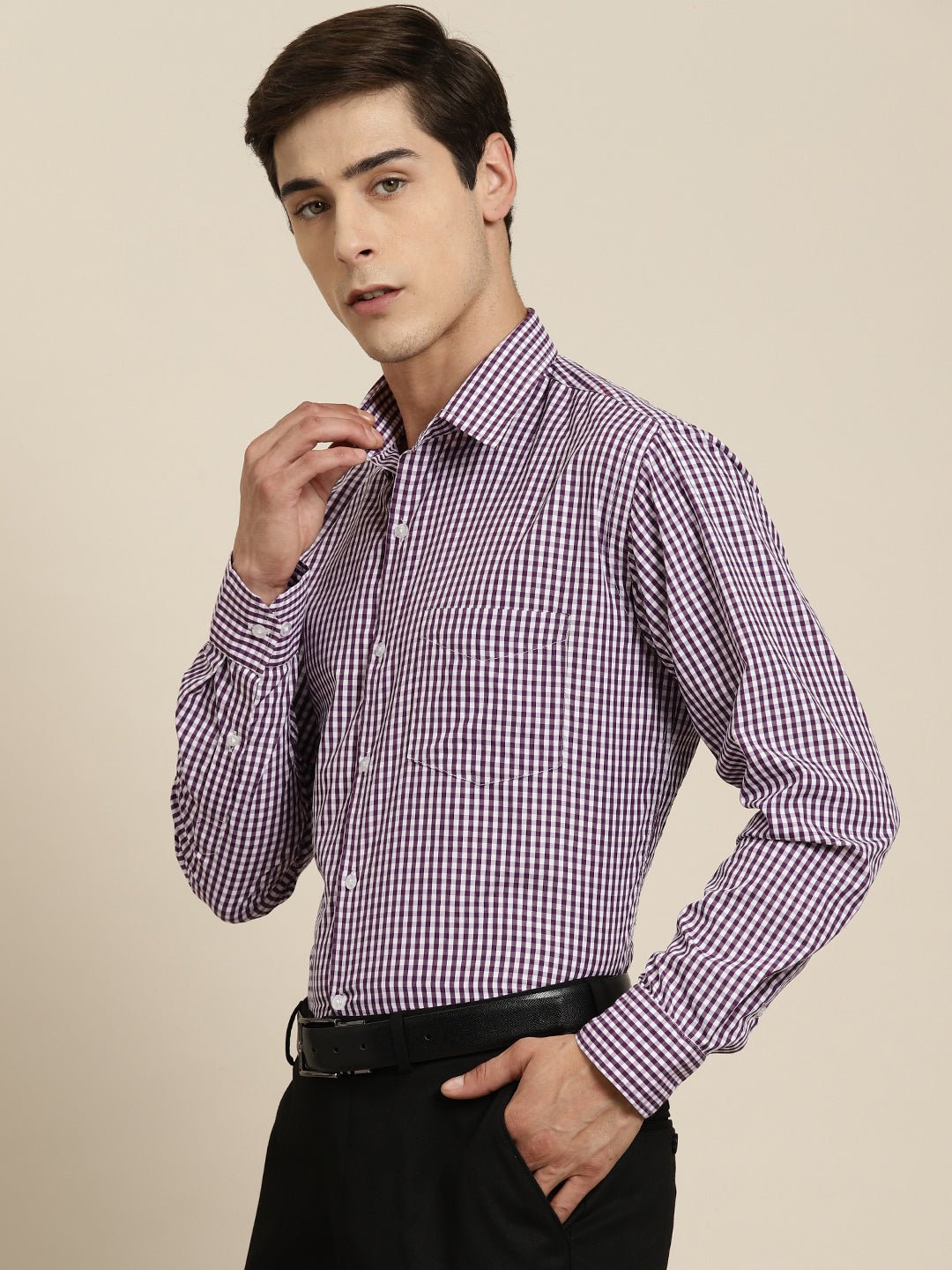 Men Purple Gingham Check Cotton Rich Slim fit Formal Shirt - #folk republic#