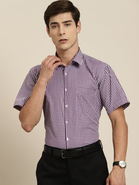 Men Purple & White Gingham Check Short Sleeve Slim fit Formal Shirt - #folk republic#