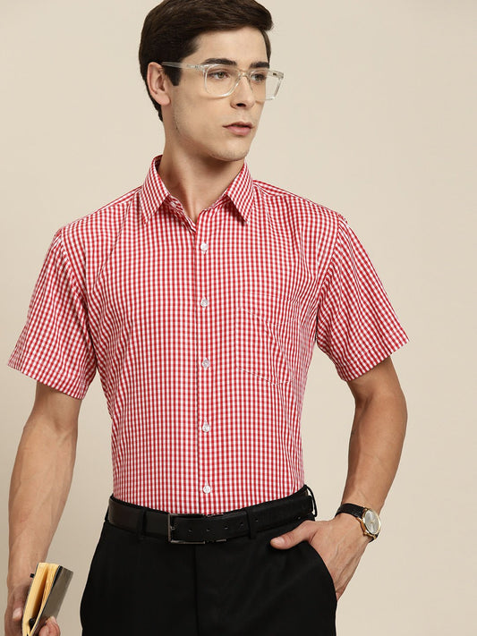 Men Red & White Gingham Check Short Sleeve Slim fit Formal Shirt - #folk republic#