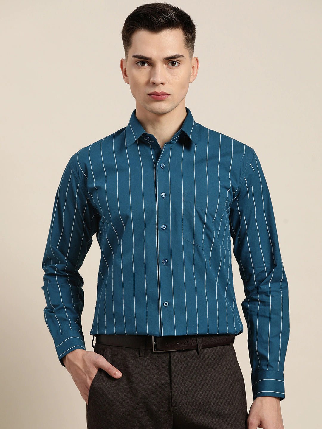 Men Turquoise Blue Stripes Pure Cotton Slim Fit Formal Shirt - #folk republic#