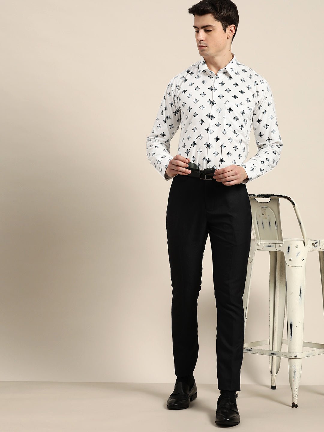 Men White & Black Print Pure Cotton Slim fit Party Shirt - #folk republic#