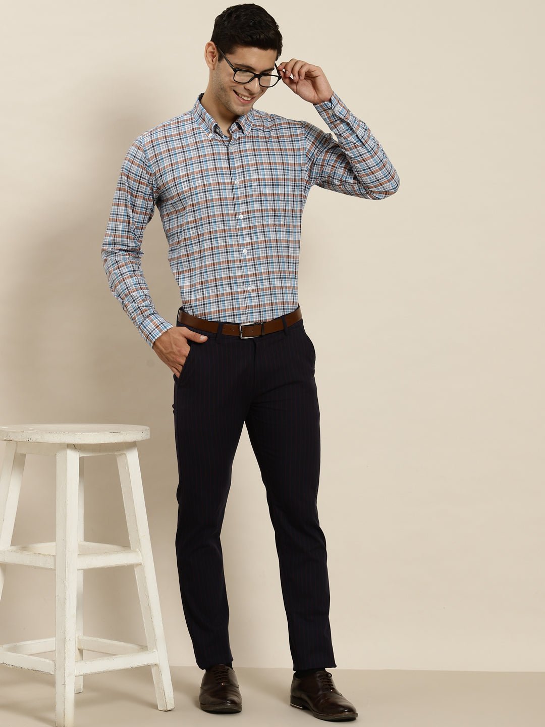 Men White & Blue Checked Pure Cotton Slim Fit Formal Shirt - #folk republic#