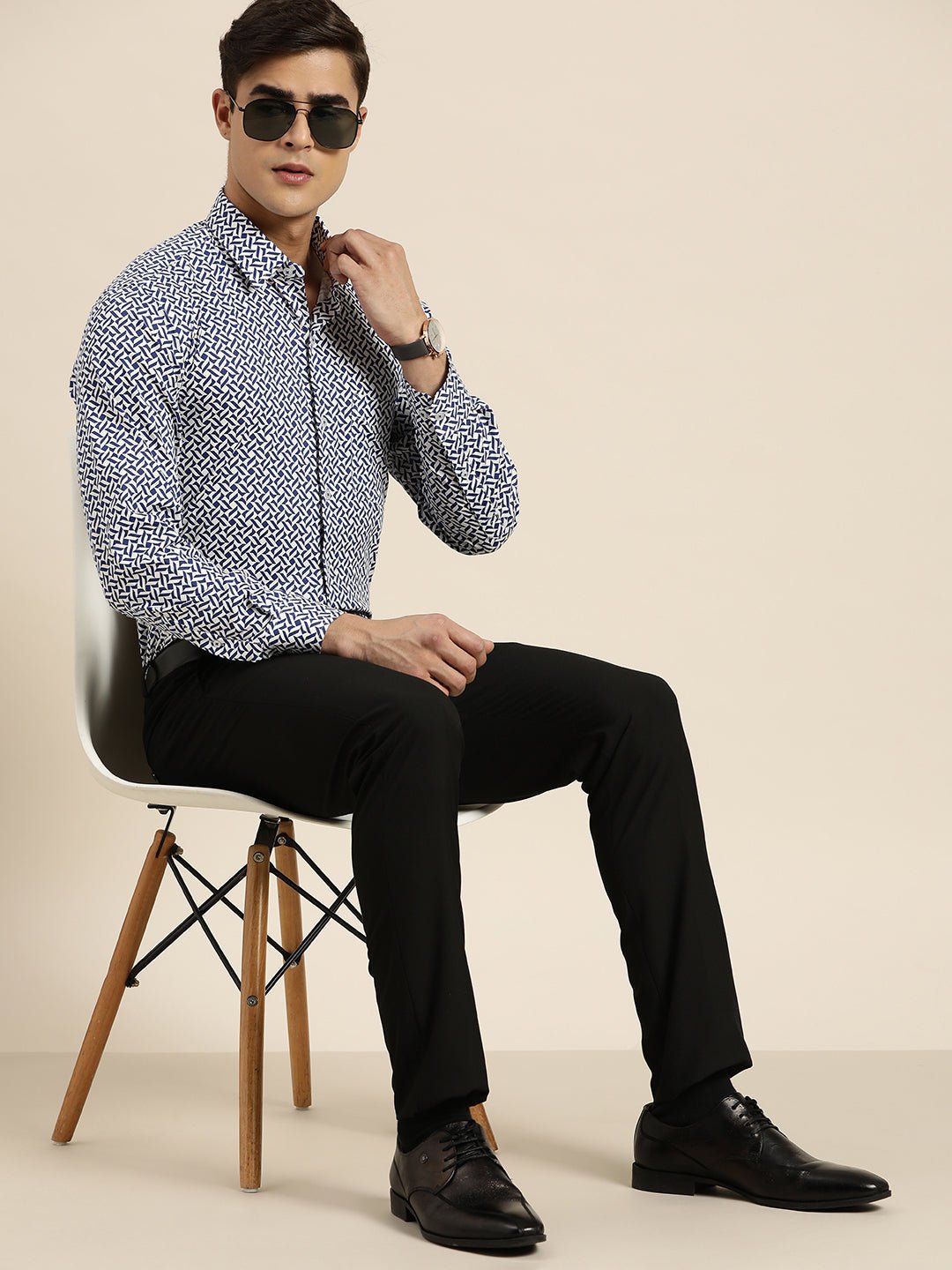Men White & Navy Print Pure Cotton Slim fit Party Shirt - #folk republic#