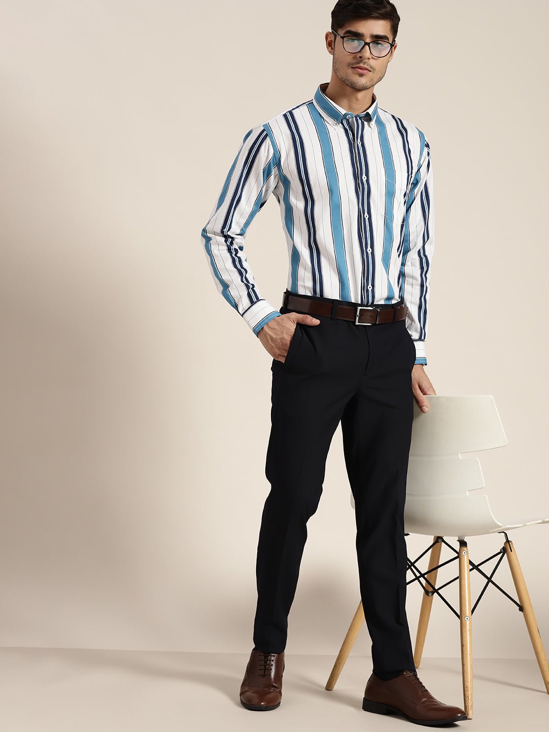 Men White & Navy Striped Pure Cotton Slim Fit Formal Shirt - #folk republic#