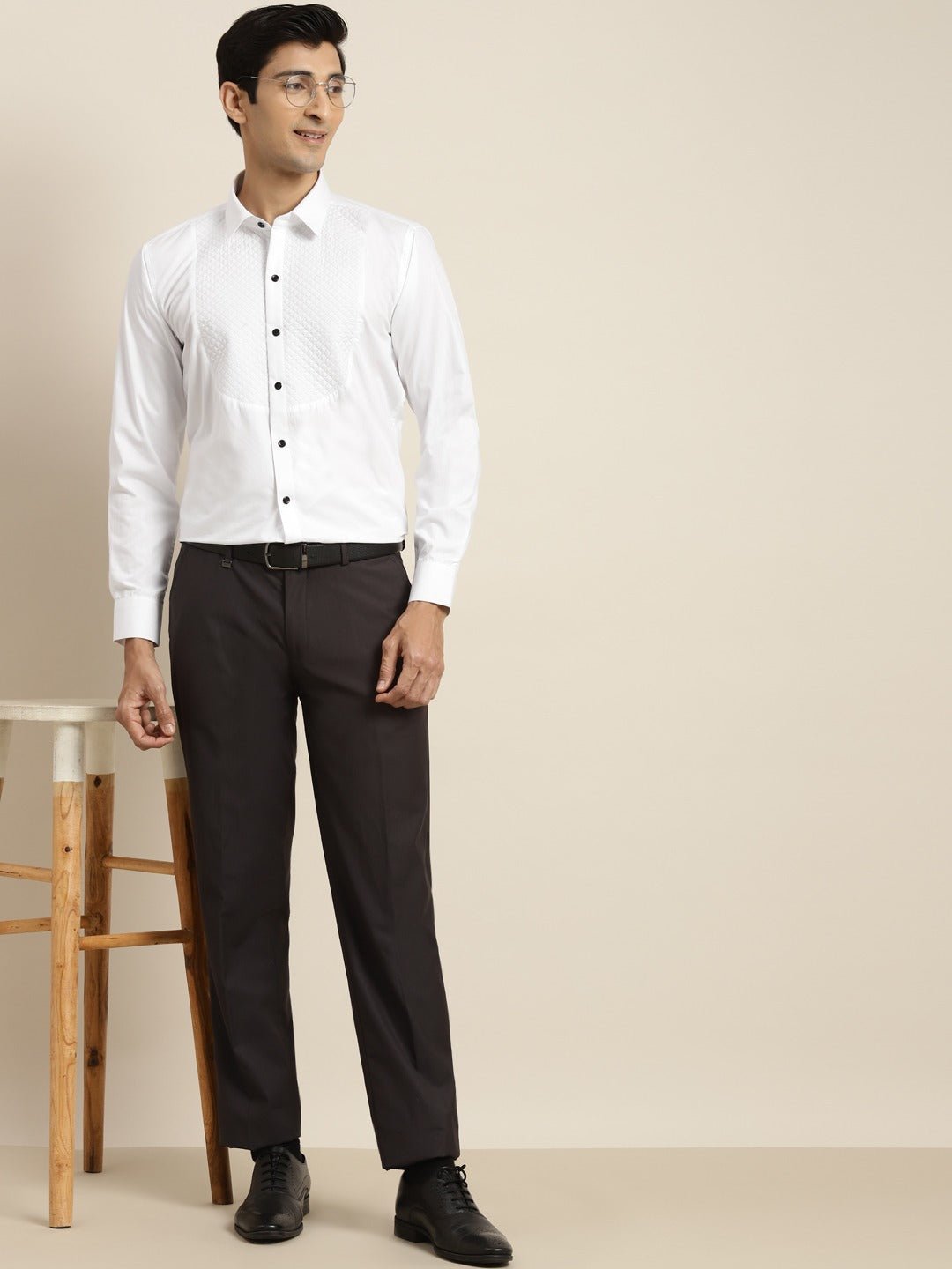 Men White Solid Tuxedo Quilted Pure Cotton Slim Fit Formal Shirt - #folk republic#