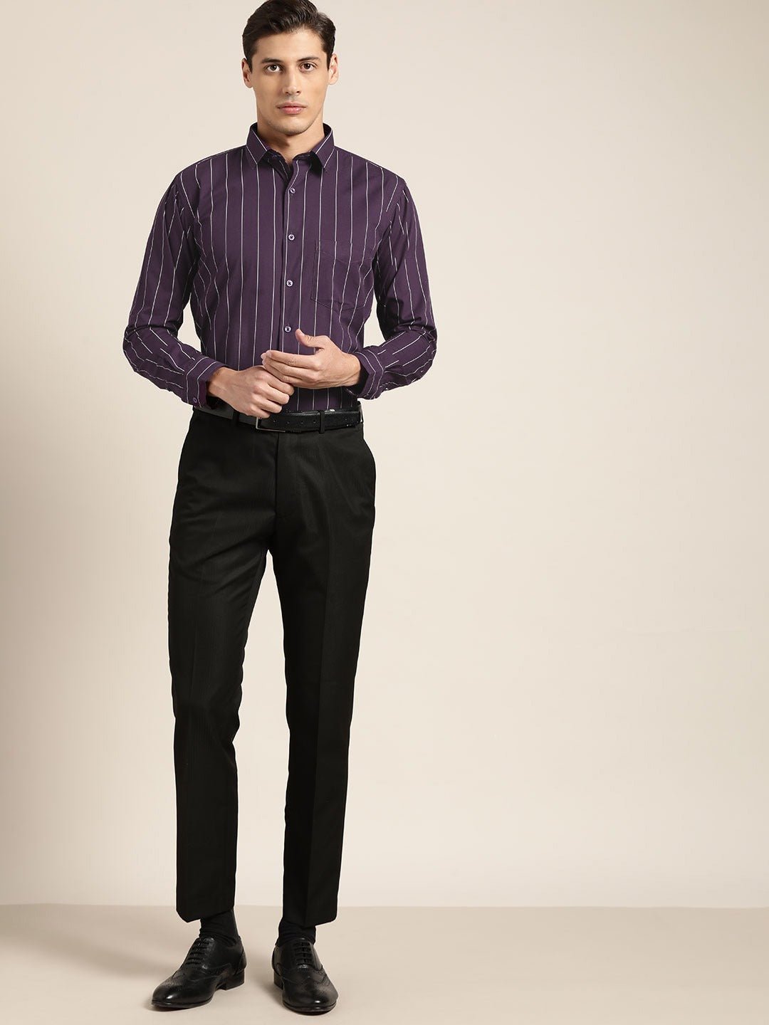 Men Wine Stripes Pure Cotton Slim Fit Formal Shirt - #folk republic#