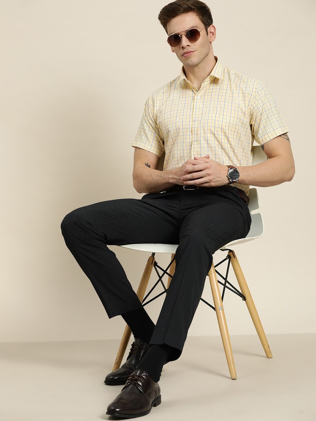 Men Yellow Checks Cotton Rich Slim Fit Formal Shirt - #folk republic#