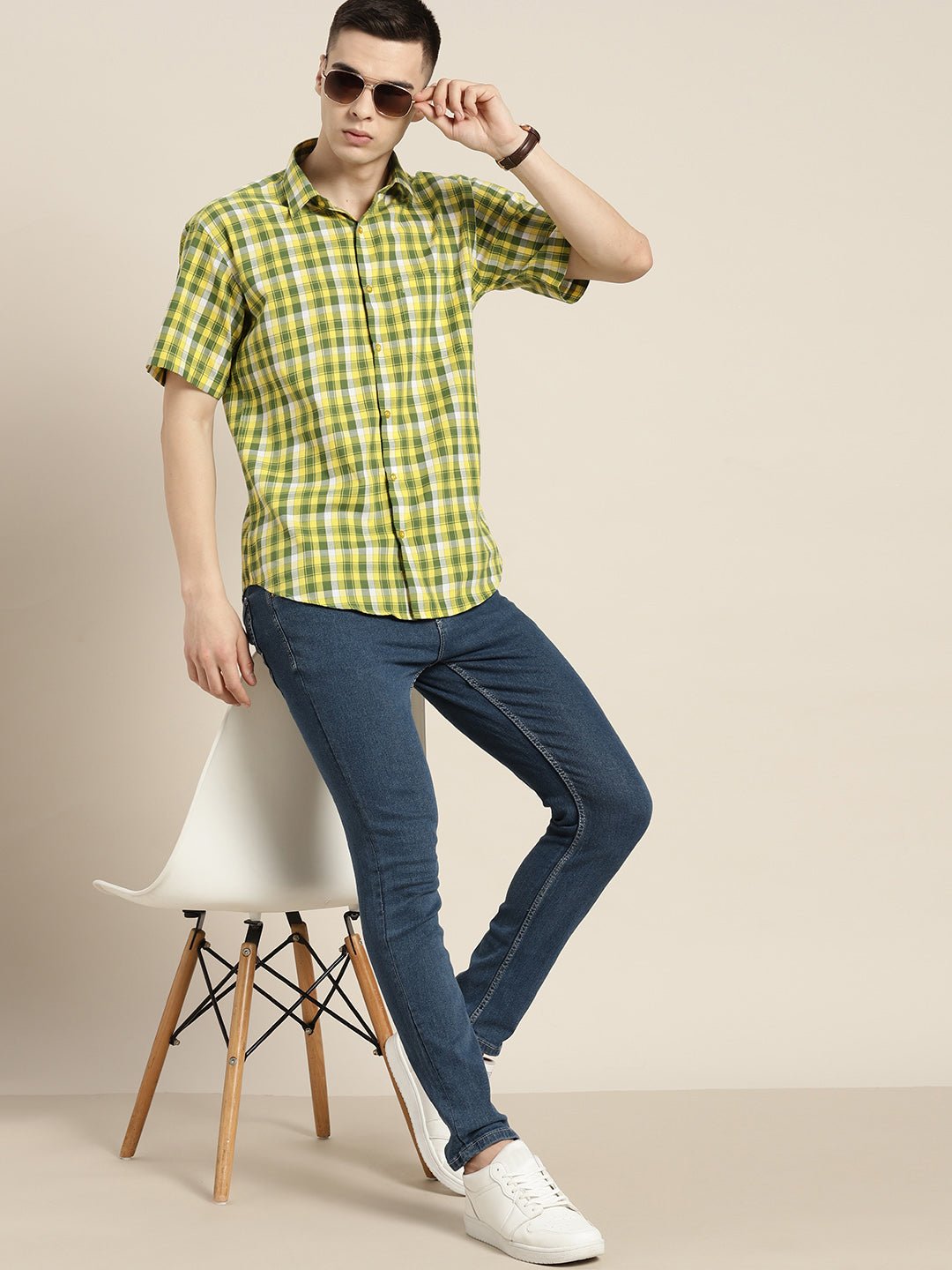 Men Yellow & Green Checks Pure Cotton Slim fit Casual Shirt - #folk republic#