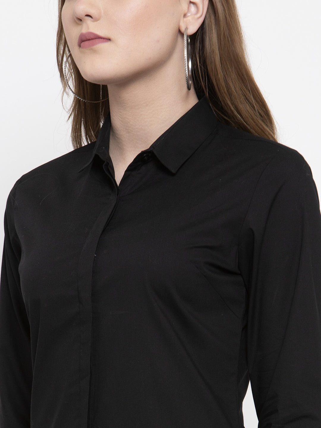 Women Black Cotton Solid Slim Fit Formal Shirt - #folk republic#