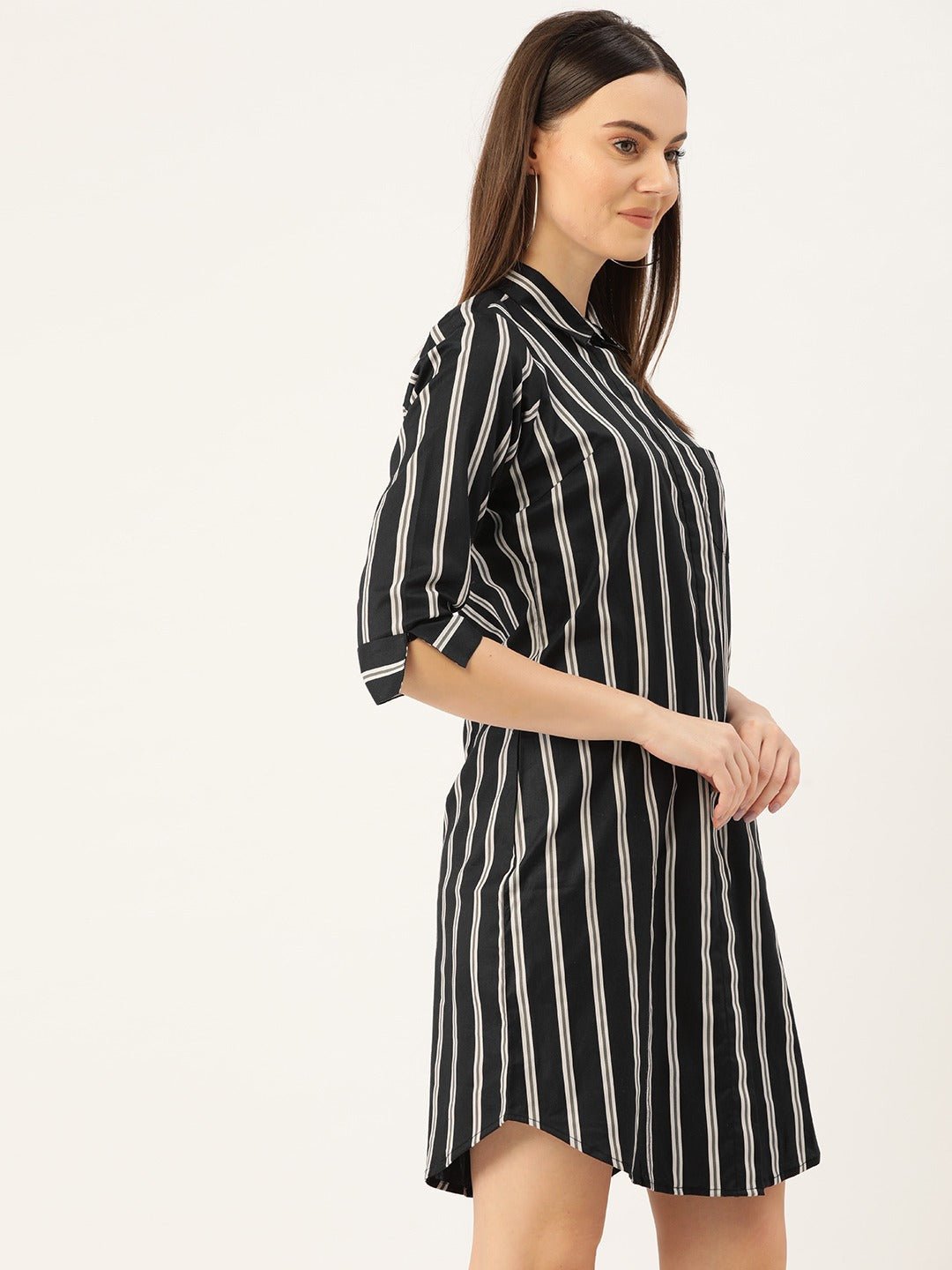 Women Black & Grey Stripes Pure Cotton Regular Fit Shirt Dress - #folk republic#