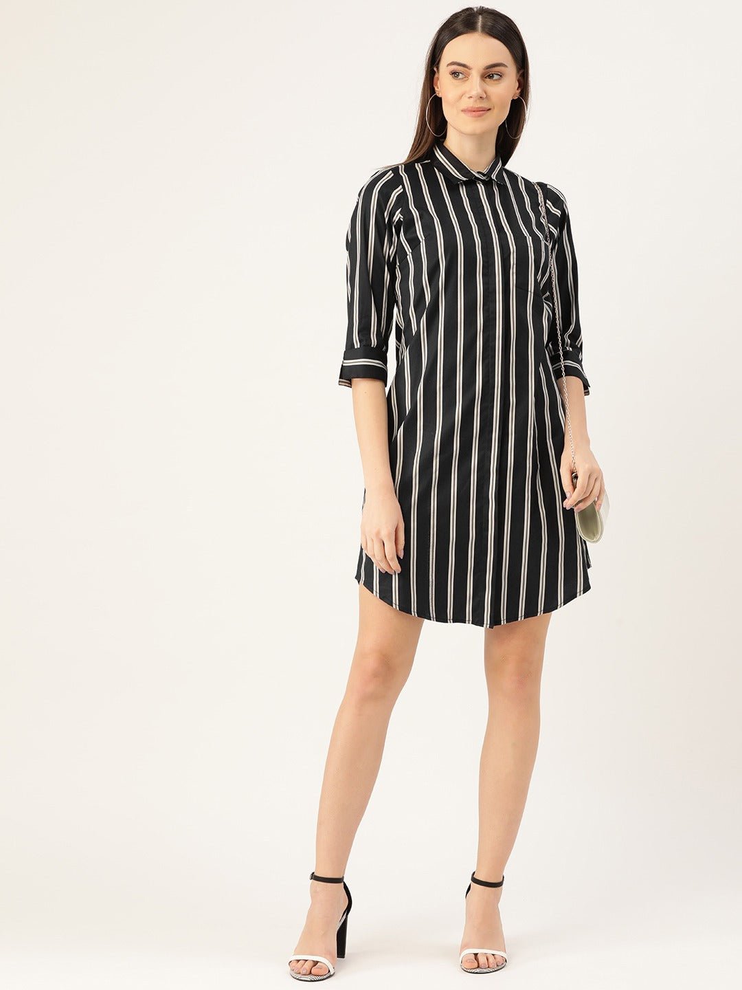 Women Black & Grey Stripes Pure Cotton Regular Fit Shirt Dress - #folk republic#