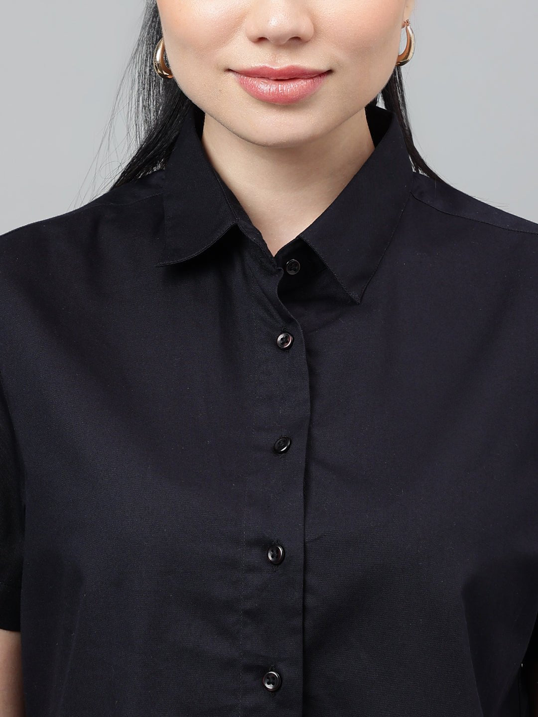 Women Black Solid Pure Cotton Regular Fit Formal Crop Shirt - #folk republic#
