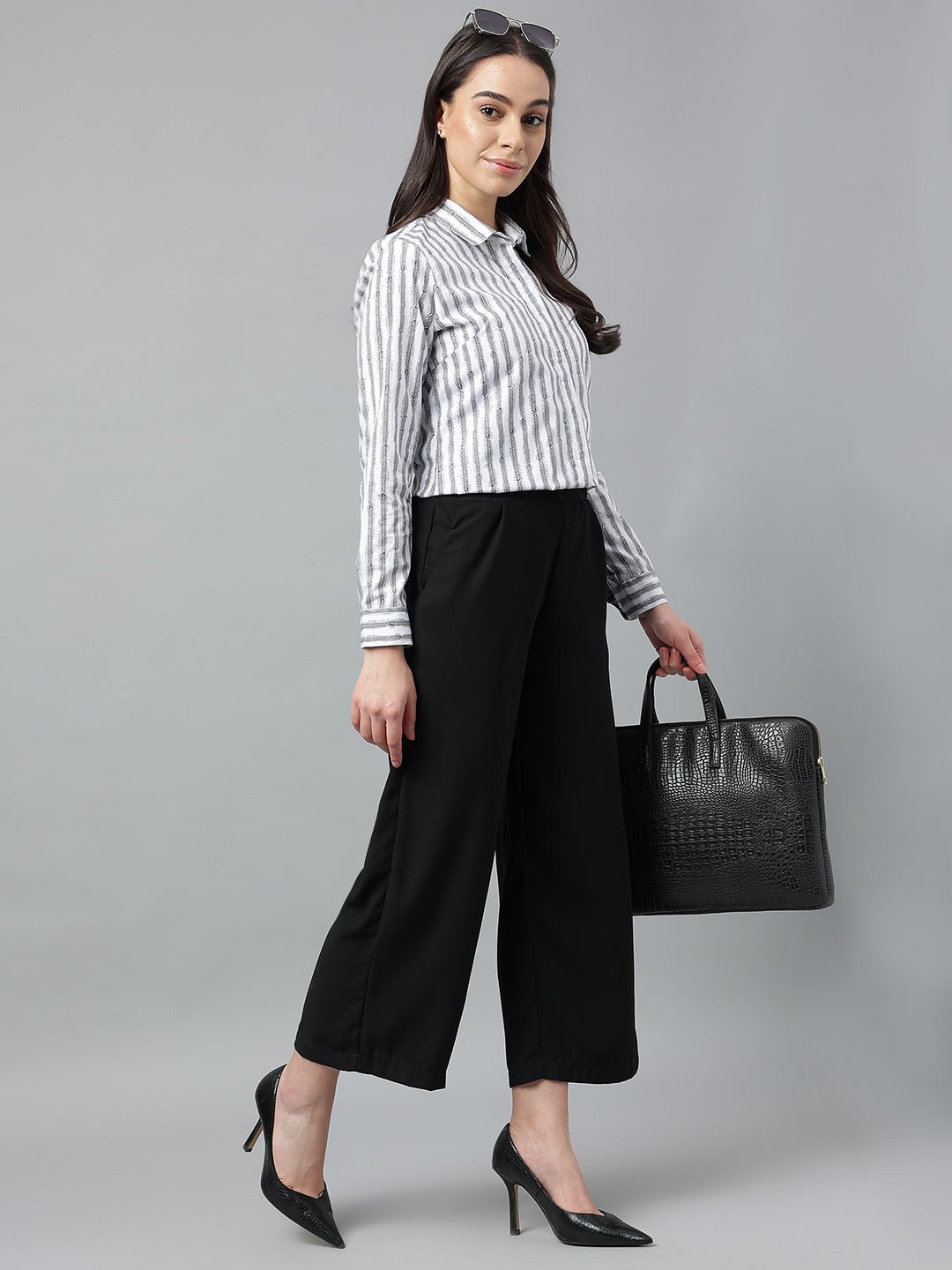 Women Black & White Prints Pure Cotton Regular Fit Formal Shirt - #folk republic#