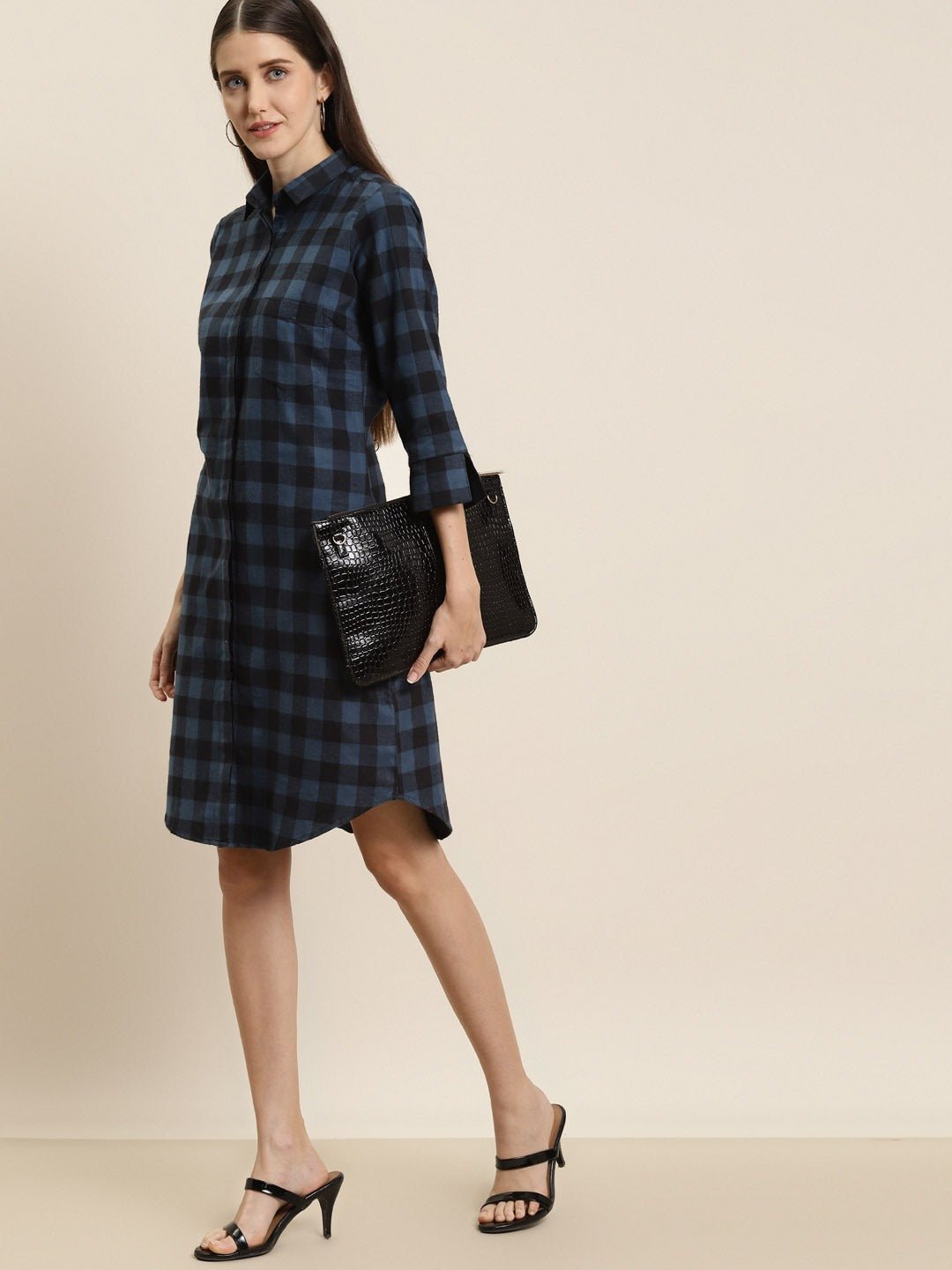 Women Blue-Black Checks Pure Cotton Regular Fit Shirt Dress - #folk republic#