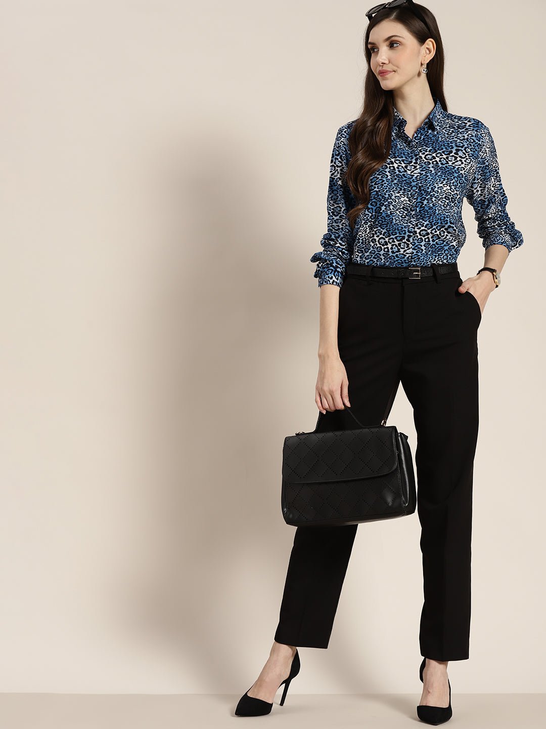 Women Blue Printed Viscose Rayon Regular Fit Formal Shirt - #folk republic#