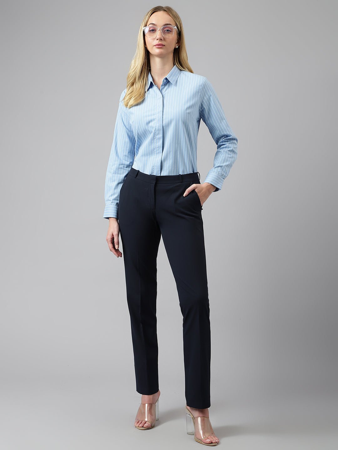 Women Blue Stripes Pure Cotton Regular Fit Formal Shirt - #folk republic#