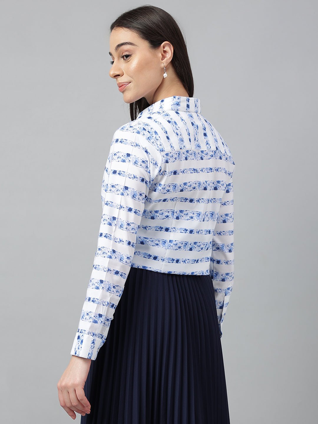 Women Blue &White Prints Pure Cotton Regular Fit Formal Shirt - #folk republic#
